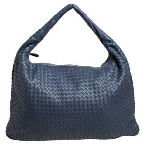 Pre Owned Bottega Veneta Blue Intrecciato Leather Maxi Veneta Hobo 