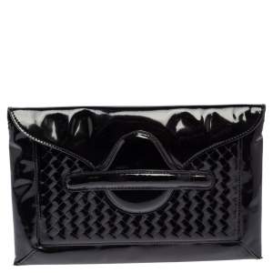 Pre Owned Bottega Veneta Black Patent Leather Envelope Clutch