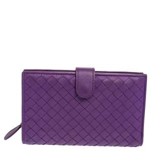Pre Owned Bottega Veneta Purple Intrecciato Leather French Wallet