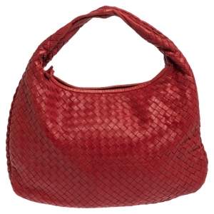 Pre Owned Bottega Veneta Red Leather Small Veneta Hobo