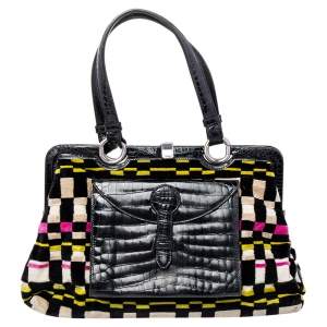 Pre Owned Bottega Veneta Multicolor Croc Embossed Leather And Fabric Frame Satchel