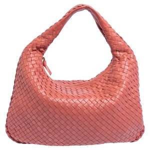 Pre Owned Bottega Veneta Coral Orange Intrecciato Leather Small Veneta Hobo