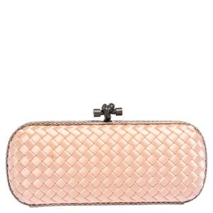 Pre Owned Bottega Veneta Peach Intrecciato Satin and Python Trim Knot Clutch