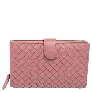 Pre Owned Bottega Veneta Pink Intrecciato Leather French Wallet