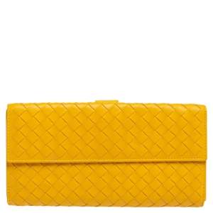 Pre Owned Bottega Veneta Yellow Intrecciato Leather Flap Continental Wallet