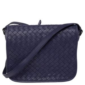 Pre Owned Bottega Veneta Blue Intrecciato Leather Crossbody Bag