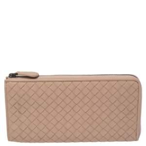 Pre Owned Bottega Veneta Beige Intrecciato Leather Half Zip Around Wallet