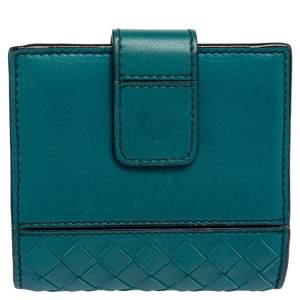 Pre Owned Bottega Veneta Turquoise Blue Intrecciato Leather French Wallet