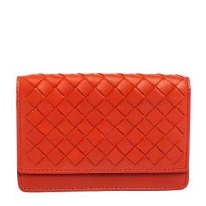 Pre Owned Bottega Veneta Orange Intrecciato Leather Business Card Holder