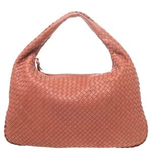 Pre Owned Bottega Veneta Coral Intrecciato Leather Medium Veneta Hobo