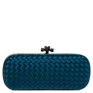 Pre Owned Bottega Veneta Blue Intrecciato Satin and Snakeskin Trim Knot Clutch