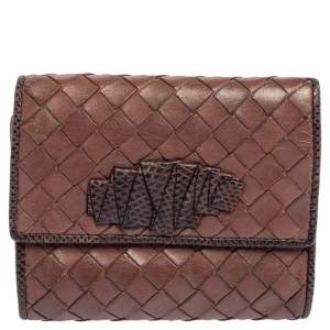 Pre Owned Bottega Veneta Brown Intrecciato Leather and Snakeskin Trifold Wallet