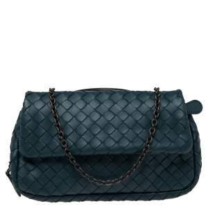 Pre Owned Bottega Veneta Teal Intrecciato Leather Mini Flap Chain Crossbody Bag