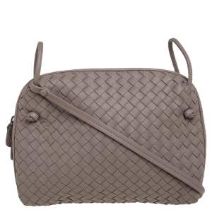 Pre Owned Bottega Veneta Taupe Intrecciato Leather Nodini Crossbody Bag