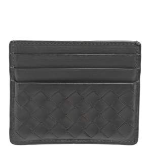 Pre Owned Bottega Veneta Dark Grey Intrecciato Leather Card Holder