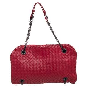 Pre Owned Bottega Veneta Red Intrecciato Leather Duo Shoulder Bag