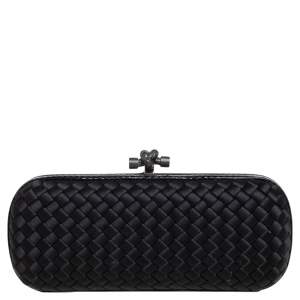 Pre Owned Bottega Veneta Black Intrecciato Satin and Snakeskin Trim Knot Clutch