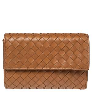 Pre Owned Bottega Veneta Brown Intrecciato Leather Flap Wallet