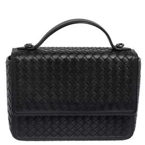 Pre Owned Bottega Veneta Black Intrecciato Leather Alumna Top Handle Bag