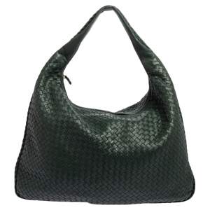 Pre Owned Bottega Veneta Dark Green Intrecciato Leather Maxi Veneta Hobo 
