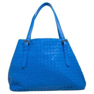 Pre Owned Bottega Veneta Blue Intrecciato Leather Medium Cesta Tote
