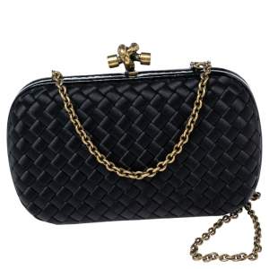 Pre Owned Bottega Veneta Black  Intrecciato Satin and Snakeskin Trim Chain Knot Clutch