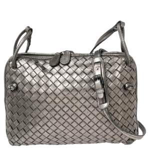 Bottega Veneta Metallic Grey Intrecciato Leather Nodini Crossbody Bag