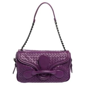 Pre Owned Bottega Veneta Purple Intrecciato Leather Flap Chain Bag