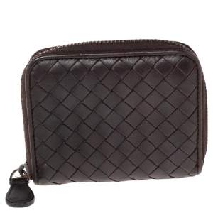 Pre Owned Bottega Veneta Dark Brown Intrecciato Leather Coin Purse