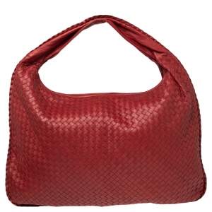 Pre Owned Bottega Veneta Red Intrecciato Leather Maxi Veneta Hobo 