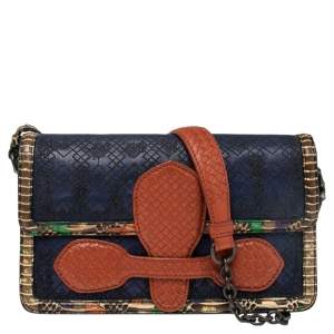 Bottega Veneta Multicolor Intrecciato Leather and Snakeskin Trim Irish Madras Flap Shoulder Bag