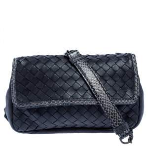 Pre Owned Bottega Veneta Midnight Blue Intrecciato Leather and Snakeskin Mini Chain Crossbody Bag