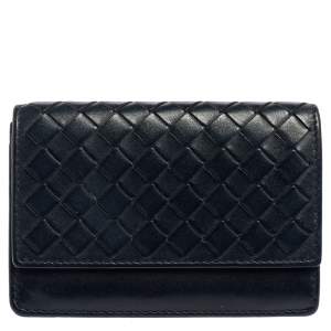 Pre Owned Bottega Veneta Navy Blue Intrecciato Leather Business Card Holder