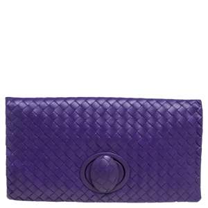 Pre Owned Bottega Veneta Purple Intrecciato Leather Turnlock Clutch