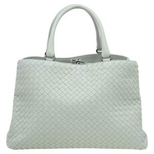 Pre Owned Bottega Veneta Pale Green Intrecciato Leather Tote