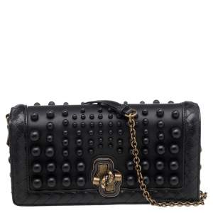 Pre Owned Bottega Veneta Black Leather Sphere Knot Chain Clutch