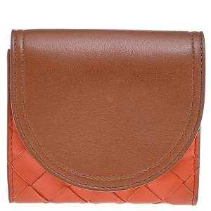 Pre Owned Bottega Veneta Orange/Tan Intrecciato Leather Colorblock Wallet