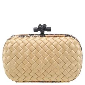 Pre Owned Bottega Veneta Beige-Brown Intrecciato Satin And Python Leather Trim Knot Clutch