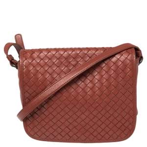 Pre Owned Bottega Veneta Brown Intrecciato Leather Full Flap Crossbody Bag