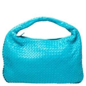 Pre Owned Bottega Veneta Blue Intrecciato Leather Veneta Hobo