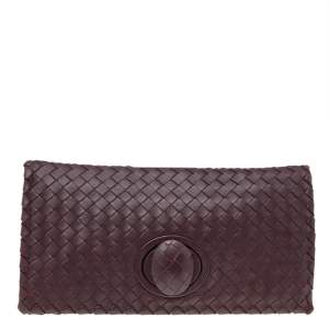 Pre Owned Bottega Veneta Burgundy Intrecciato Leather Clutch