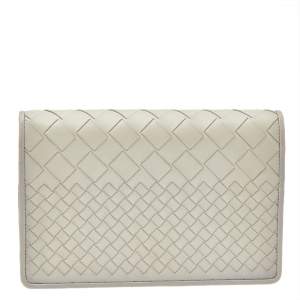 Pre Owned Bottega Veneta Off White Intrecciato Leather Clutch