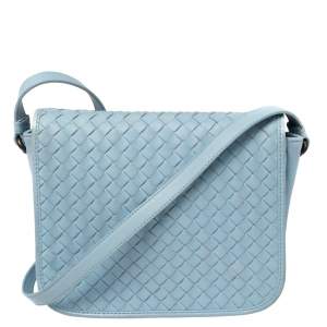 Pre Owned Bottega Veneta Baby Blue Intrecciato Leather Flap Crossbody Bag
