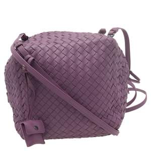 Pre Owned Bottega Veneta Purple Intrecciato Leather Long Strap Crossbody Bag
