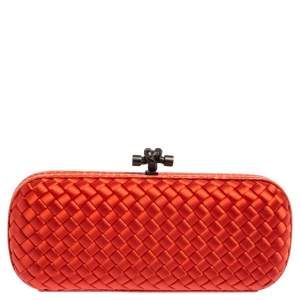 Pre Owned Bottega Veneta Burnt Orange Intrecciato Satin and Ayer Knot Clutch