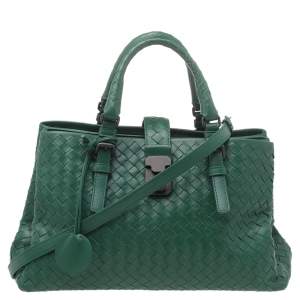 Pre Owned Bottega Veneta Green Intrecciato Leather Small Roma Tote