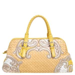 Pre Owned Bottega Veneta Beige/Yellow Intrecciato Leather Embroidered Satchel