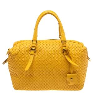 Pre Owned Bottega Veneta Yellow Woven Leather Montaigne Satchel