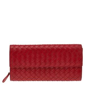 Pre Owned Bottega Veneta Red Intrecciato Leather Flap Continental Wallet