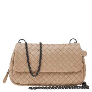 Pre Owned Bottega Veneta Beige Intrecciato Leather Flap Chain Crossbody Bag
